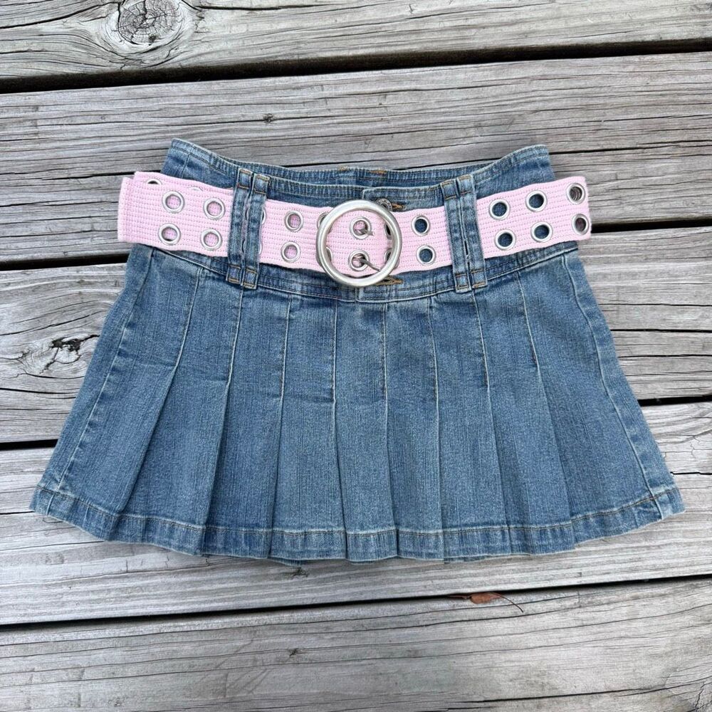 Angels Denim Pleated Mini Skirt With Pink Grommet Belt Y2K